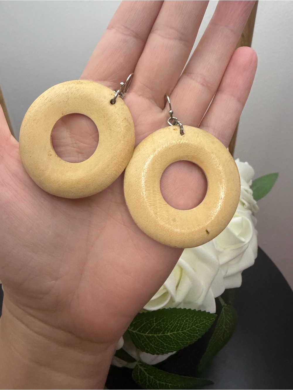 Handcrafted Cream Wooden Hoop Drop Earrings